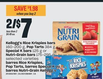 Valu-mart Barres rice krispies, pop tarts, barres special k ou barres nutri-grain kellogg's offer