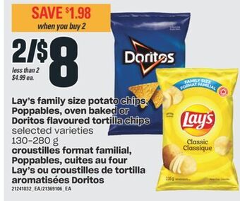 Valu-mart Croustilles format familial, poppables, cuites au four lay's ou croustilles de tortilla aromatisées doritos, 130-280 g offer