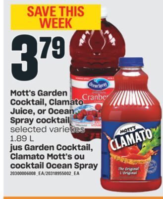 Valu-mart Jus garden cocktail, clamato mott's ou cocktail ocean spray, 1.89 l offer