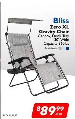 Factory Direct Bliss zero gravity chair canopy, drink tray 30" wide capacity 360 lbs offer