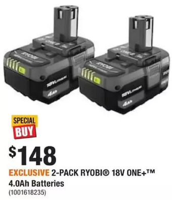 Home Depot 18v one+ lithium-ion 4.0 ah battery (2-pack) offer