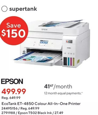 Staples Epson ecotank et-4850 colour all-in-one printer | epson t502 black ink offer