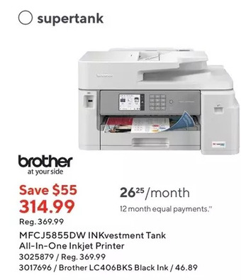 Staples Brother mfc-j5855dw inkvestment tank all-in-one colour inkjet printer offer