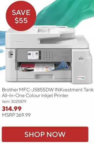 Staples Brother mfc-j5855dw inkvestment tank all-in-one colour inkjet printer offer