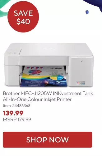 Staples Brother mfc-j1205w inkvestment tank all-in-one colour inkjet printer offer