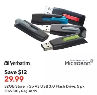 Staples Verbatim 32gb store n go v3 usb 3.0 flash drive offer