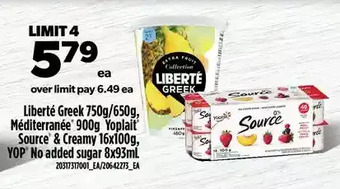 Real Canadian Superstore Liberté greek, méditerranée, yoplait source & creamy, yop no added sugar offer