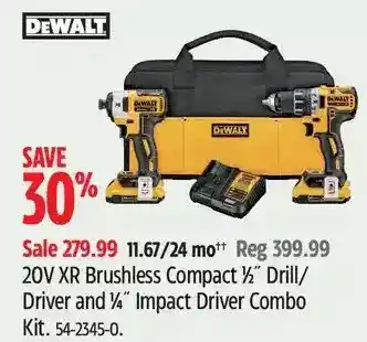 Canadian Tire Dewalt 20v xr brushless compact ½" drill/driver and ¼" impact driver combo kit offer