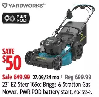 Canadian Tire Yardworks 22" ez steer 163cc briggs & stratton gas mower offer