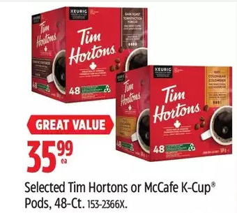 Canadian Tire Tim hortons or mccafe k-cup pods, 48-ct offer