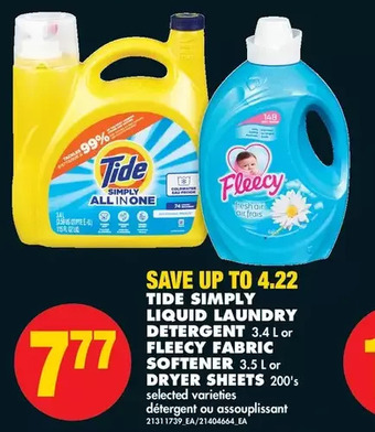 No Frills Tide simply liquid laundry detergent or fleecy fabric softener or dryer sheets offer