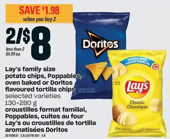 Independent Grocer Lay's family size potato chips, poppables, oven baked or doritos flavoured tortilla chips offer
