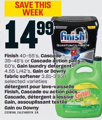 Independent Grocer Finish, cascade or cascade action pacs, gain laundry detergent, gain or downy fabric softener offer