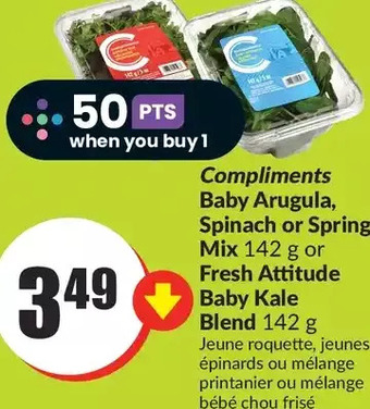 FreshCo Compliments baby arugula, spinach or spring mix or fresh attitude baby kale blend offer
