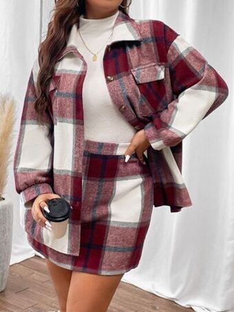SheIn Plus plaid print drop shoulder flap pocket coat & skirt offer
