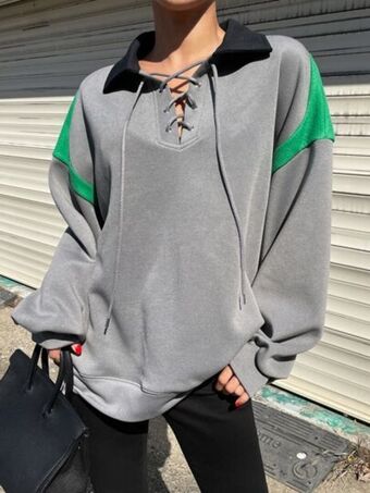 SheIn Dazy color block drop shoulder lace up front sweatshirt offer