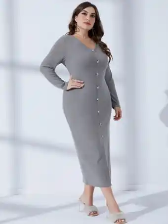 SheIn Plus button front ribbed knit bodycon dress without belt offer