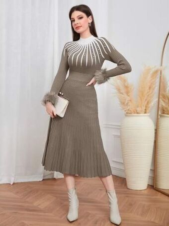 SheIn Fuzzy cuff pearls beaded detail sweater dress offer