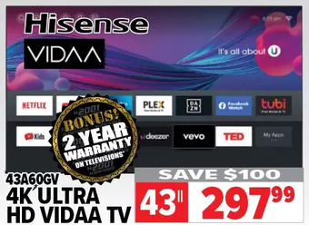 2001 Audio Video Hisense 43" 4k ultra hd vidaa tv offer