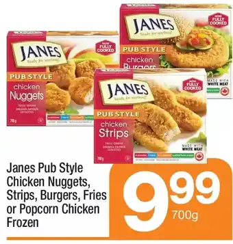 Highland Farms Janes pub style chicken nuggets, strips, burgers, fries or popcorn chicken offer