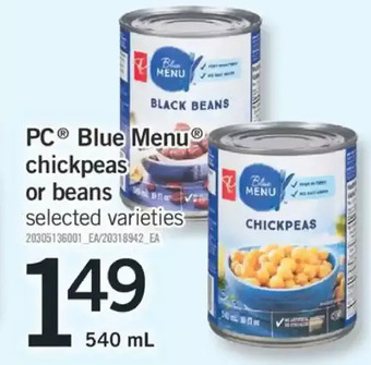 Fortinos Pc blue menu chickpeas or beans offer