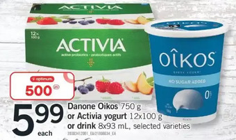 Fortinos Danone oikos or activia yogurt or drink offer