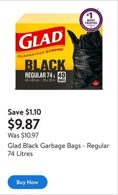 Walmart Glad black garbage bags - regular 74 litres offer