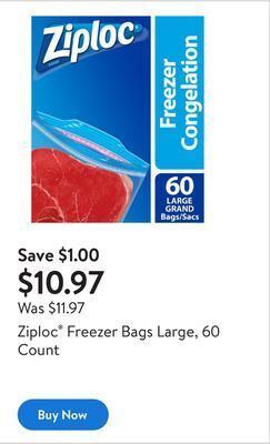 Walmart Ziploc® freezer bags large, 60 count offer