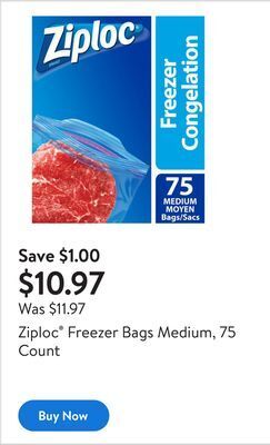 Walmart Ziploc® freezer bags medium, 75 count offer