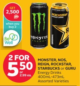Rexall Monster, nos, reign, rockstar, starbucks or guru energy drinks 400ml-473ml offer