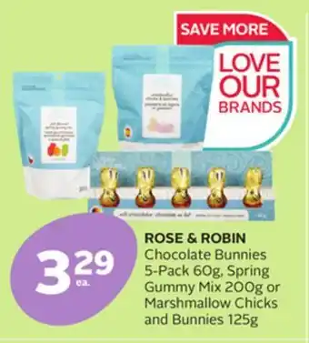 Rexall Rose & robin chocolate bunnies 5-pack 60g, spring gummy mix 200g or marshmallow chicks and bunnies 125g offer