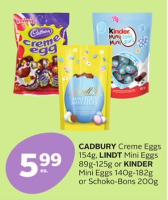 Rexall Cadbury creme eggs 154g, lindt mini eggs 89g-125g or kinder mini eggs 140g-182g or schoko-bons 200g offer