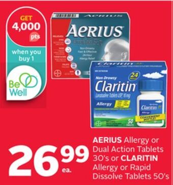 Rexall Aerius allergy or dual action tablets 30's or claritin allergy or rapid dissolve tablets 50's offer