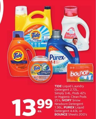 Rexall Tide liquid laundry detergent 2.72l, simply 3.4l, pods 42's or hygienic clean pods 25's, ivory snow newborn detergent 1.36l, offer