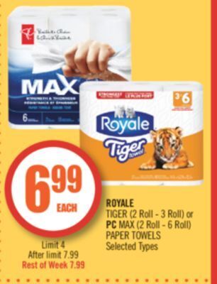 Shoppers Drug Mart Royale tiger (2 roll - 3 roll) or pc max (2 roll - 6 roll) paper towels offer
