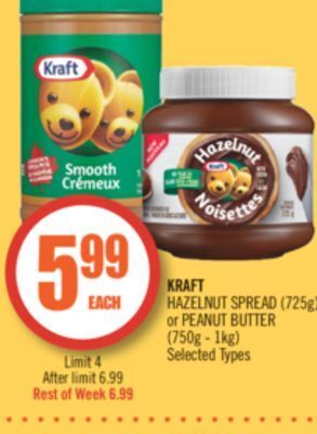 Shoppers Drug Mart Kraft hazelnut spread (725g) or peanut butter (750g - 1kg) offer