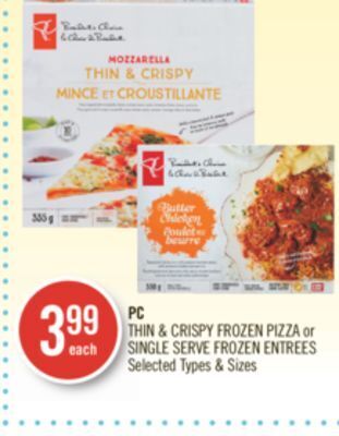 Shoppers Drug Mart Pc thin & crispy frozen pizza or single serve frozen entrees offer