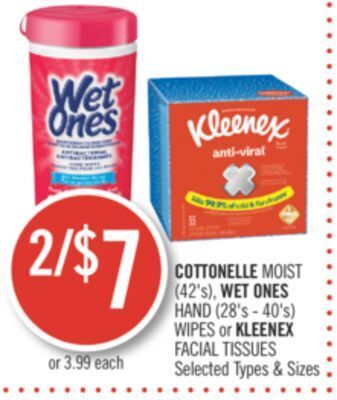 Shoppers Drug Mart Cottonelle moist (42's), wet ones hand (28's - 40's) wipes or kleenex facial tissues offer