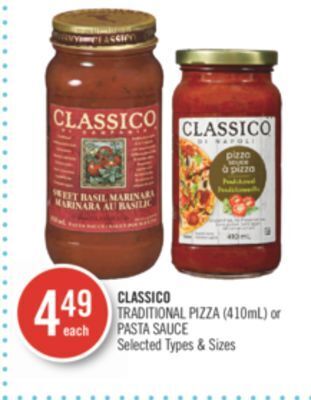 Shoppers Drug Mart Classico traditional pizza (410ml) or pasta sauce offer