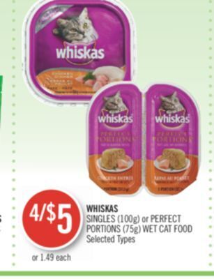 Shoppers Drug Mart Whiskas singles (100g) or perfect portions (75g) wet cat food offer
