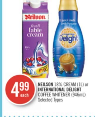 Shoppers Drug Mart Neilson 18% cream (1l) or international delight coffee whitener (946ml) offer
