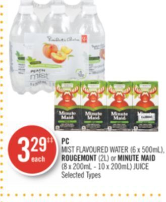 Shoppers Drug Mart Pc mist flavoured water (6 x 500ml), rougemont (2l) or minute maid (8 x 200ml - 10 x 200ml) juice offer