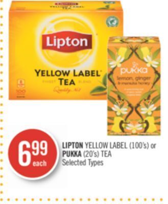Shoppers Drug Mart Lipton yellow label (100's) or pukka (20's) tea offer