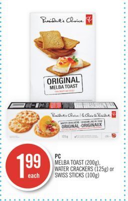 Shoppers Drug Mart Pc melba toast (200g), water crackers (125g) or swiss sticks (100g) offer