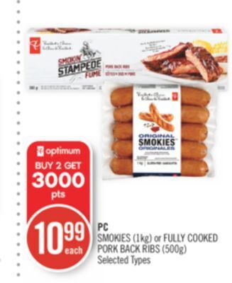 Shoppers Drug Mart Pc smokies (1kg) or fully cooked pork back ribs (500g) offer
