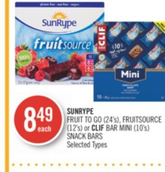 Shoppers Drug Mart Sunrype fruit to go (24's), fruitsource (12's) or clif bar mini (10's) snack bars offer