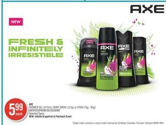 Shoppers Drug Mart Axe shower gel (473ml), body spray (113g) or stick (76g - 85g) antiperspirant/deodorant offer