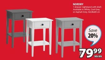 JYSK Nordby 1-drawer nightstand with shelf offer