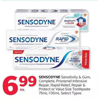 Rexall Sensodyne sensitivity & gum, complete, pronamel intensive repair, rapid relief, repair & protect or value size toothpaste offer