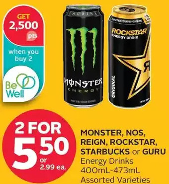 Rexall Monster, nos, reign, rockstar, starbucks or guru energy drinks offer